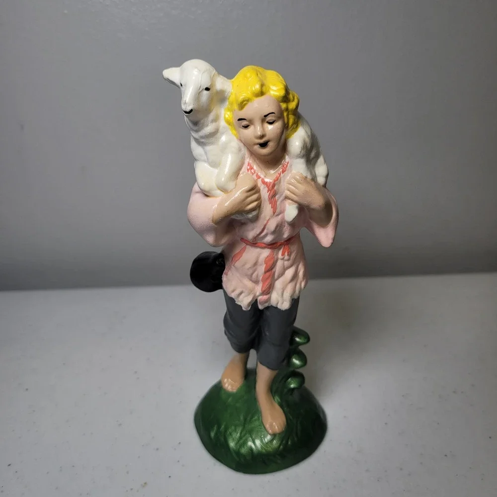 Pacific Mold Vintage Ceramic Nativity Piece Shepherd Girl‎ with Lamb 7 Inch